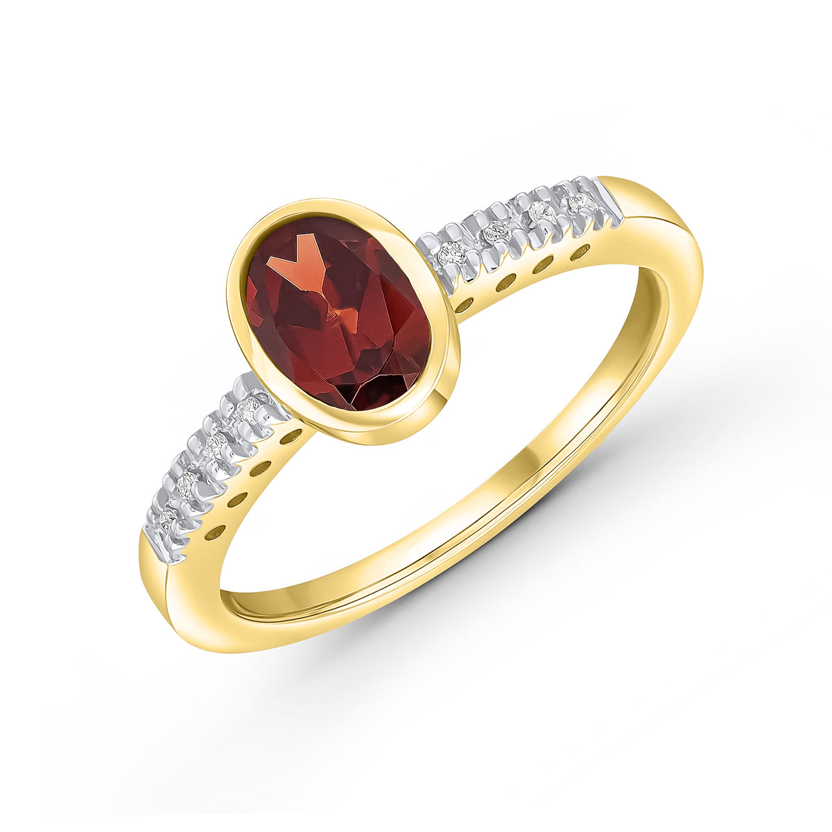 9CT YG RUBOVER 7X5 OVAL GARNET SINGLE STONE RING WITH CLAW SET DIAMOND SHOULDERS. RHODIUM TO DIAMONDS