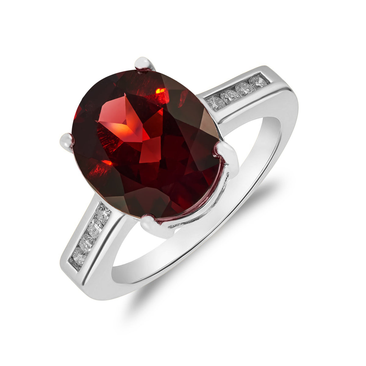 9CT WG 12X10MM CLAW SET OVAL GARNET SINGLE STONE RING WITH CHANNEL SET DIAMOND SHOULDERS