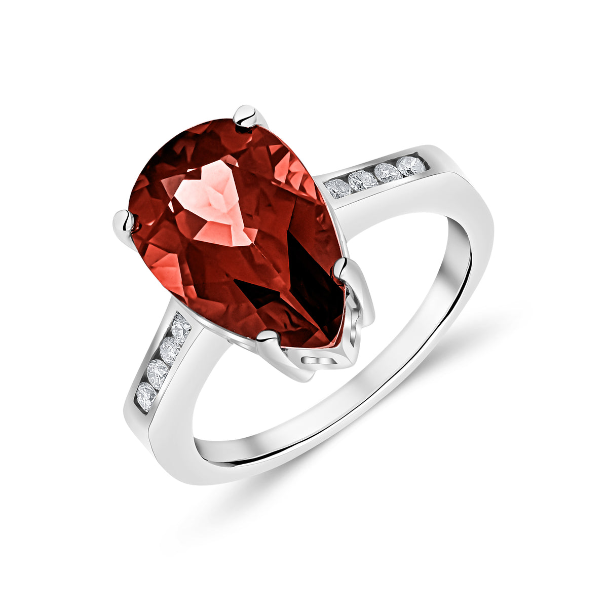 9CT WG 14X9 PEARSHAPE GARNET SINGLE STONE RING WITH CHANNEL SET DIAMOND SHOULDERS
