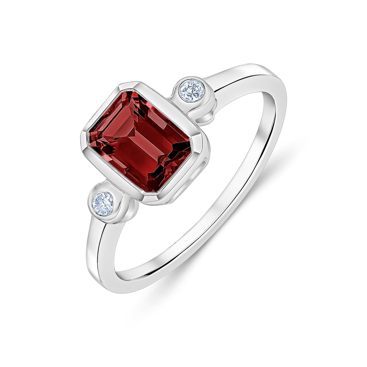 9CT WG 7X5 OCTAGON GARNET AND ROUND DIAMOND 3ST RUBOVER RING