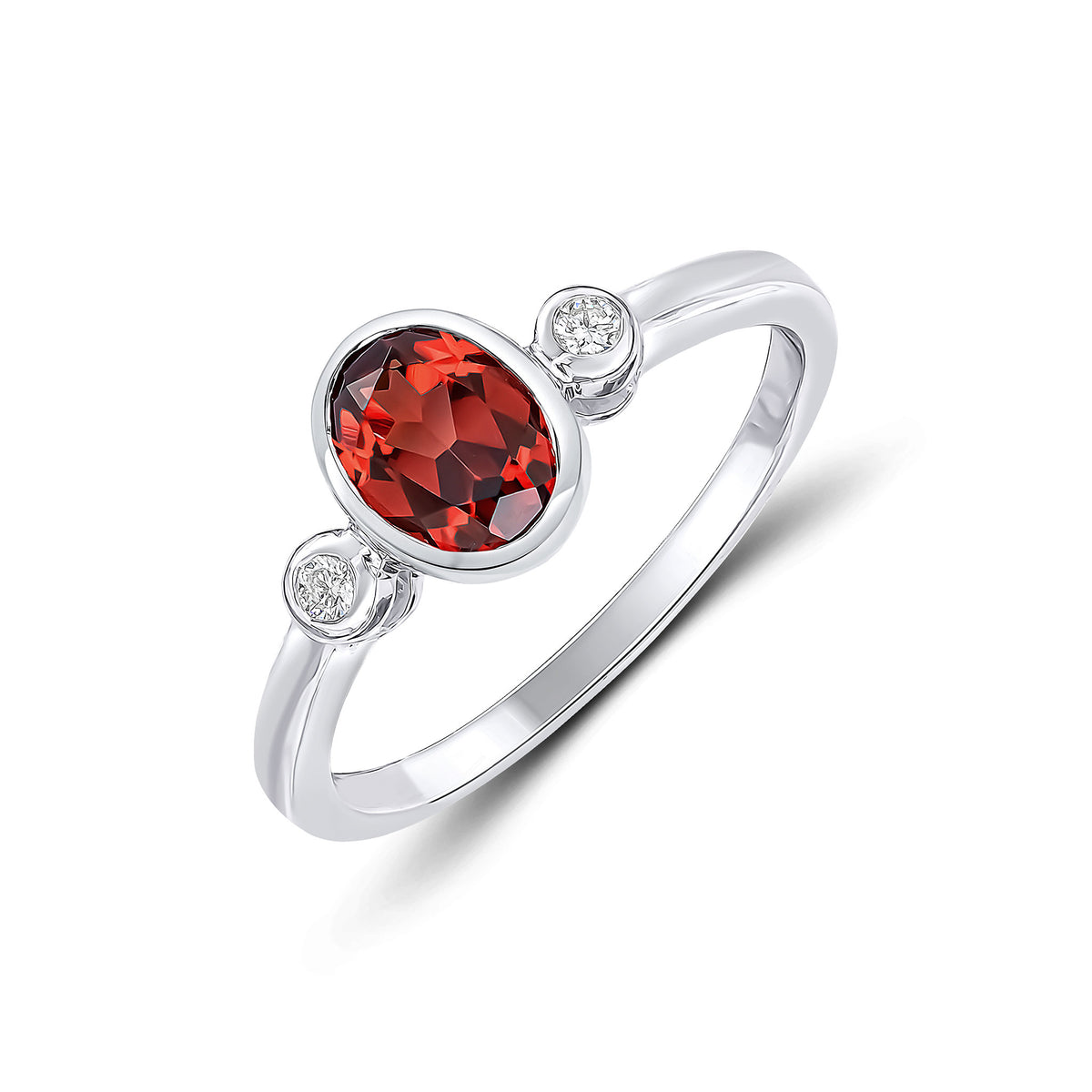 9CT WG 7X5 OVAL GARNET AND ROUND DIAMOND 3ST RUBOVER RING