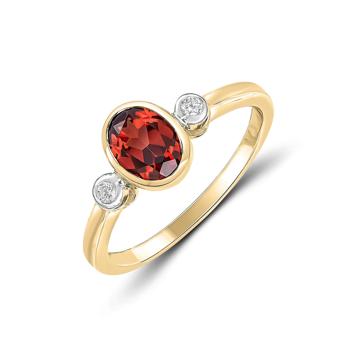 9CT YG 7X5 OVAL GARNET AND ROUND DIAMOND 3ST RUBOVER RING. RHODIUM TO DIAMONDS