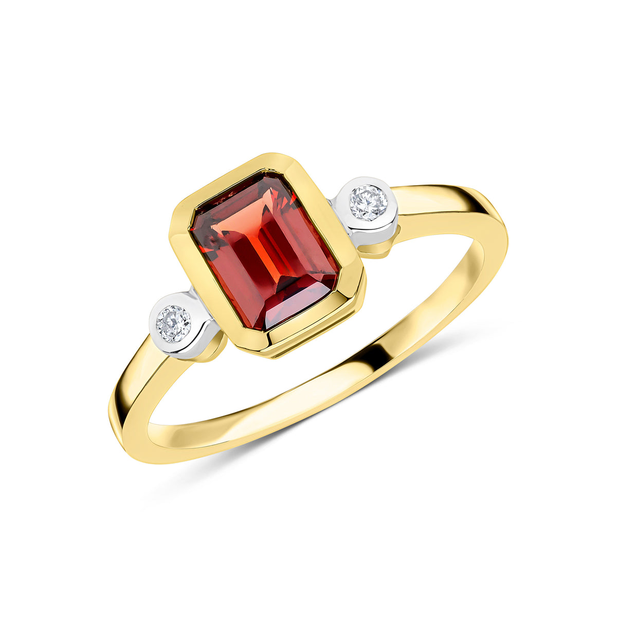 9CT YG 7X5 OCTAGON GARNET AND ROUND DIAMOND 3 STONE RUBOVER RING. RHODIUM TO DIAMONDS