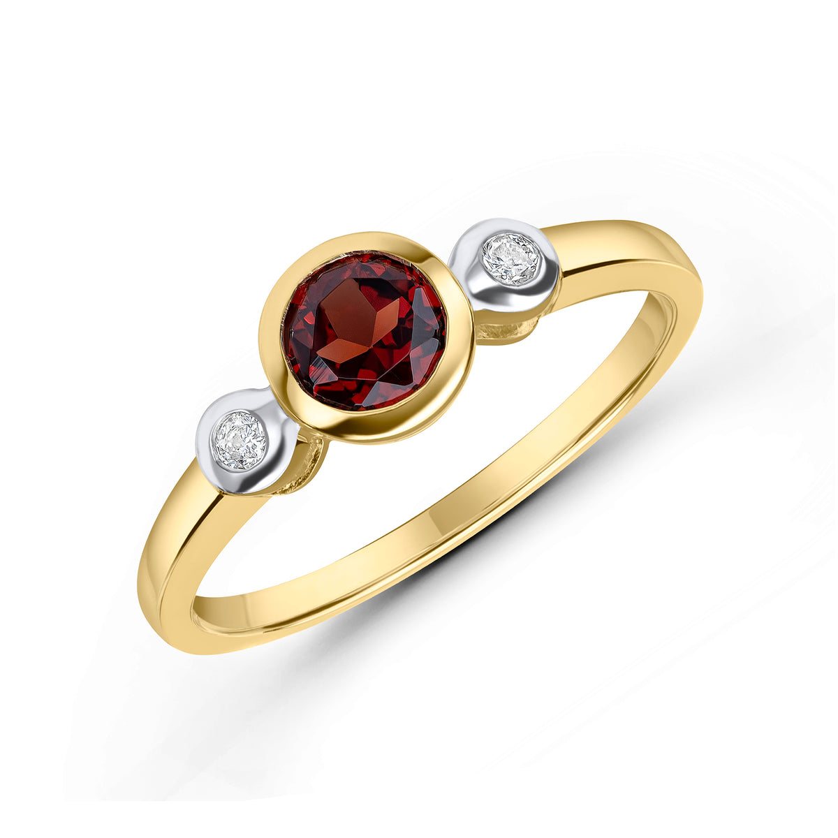 9CT YG 5MM ROUND GARNET AND DIAMOND RUBOVER 3ST RING. RHODIUM TO DIAMONDS