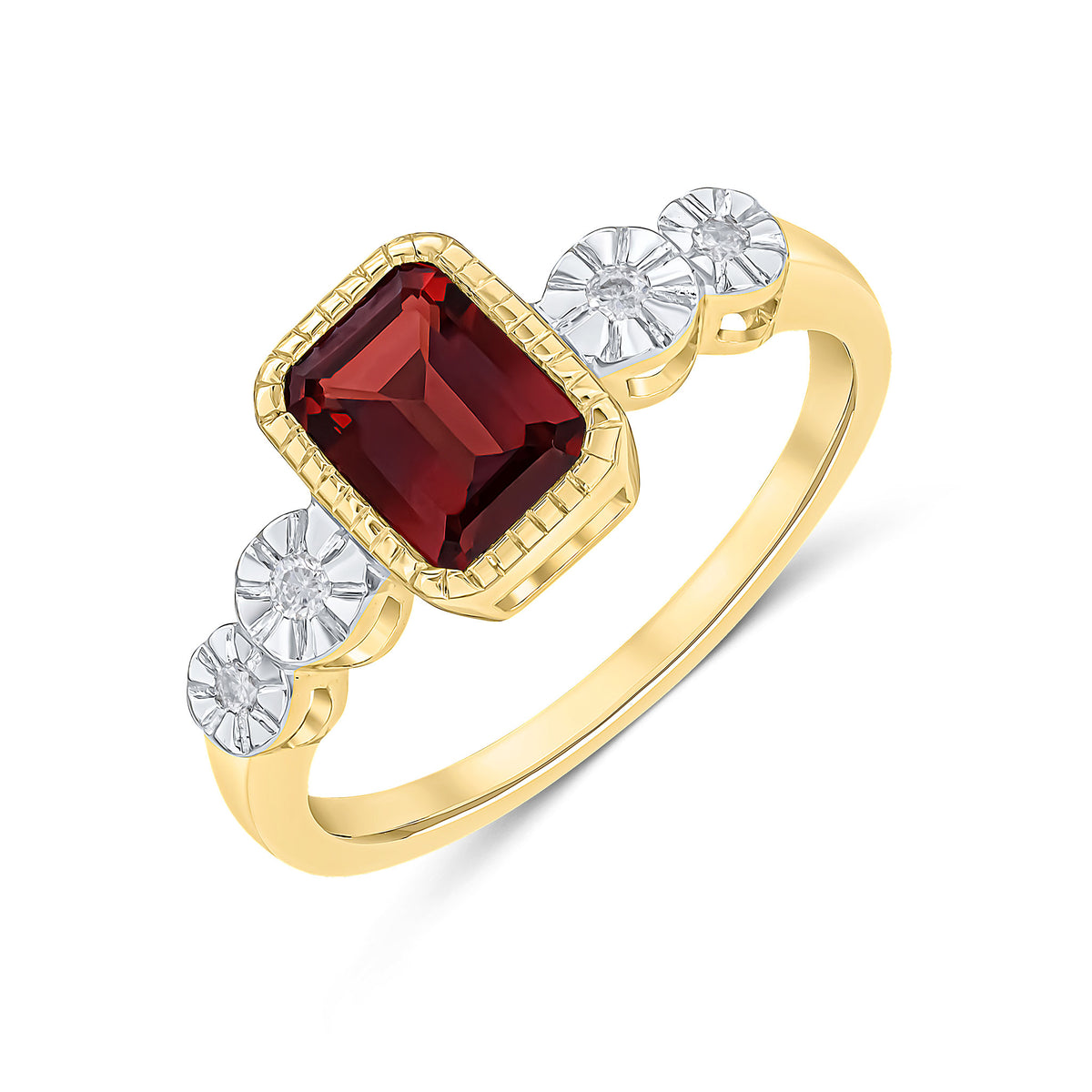 9CT YELLOW GOLD MILLEGRAIN OCTAGON GARNET AND ILLUSION DIAMOND 2ST SHOULDERS RING