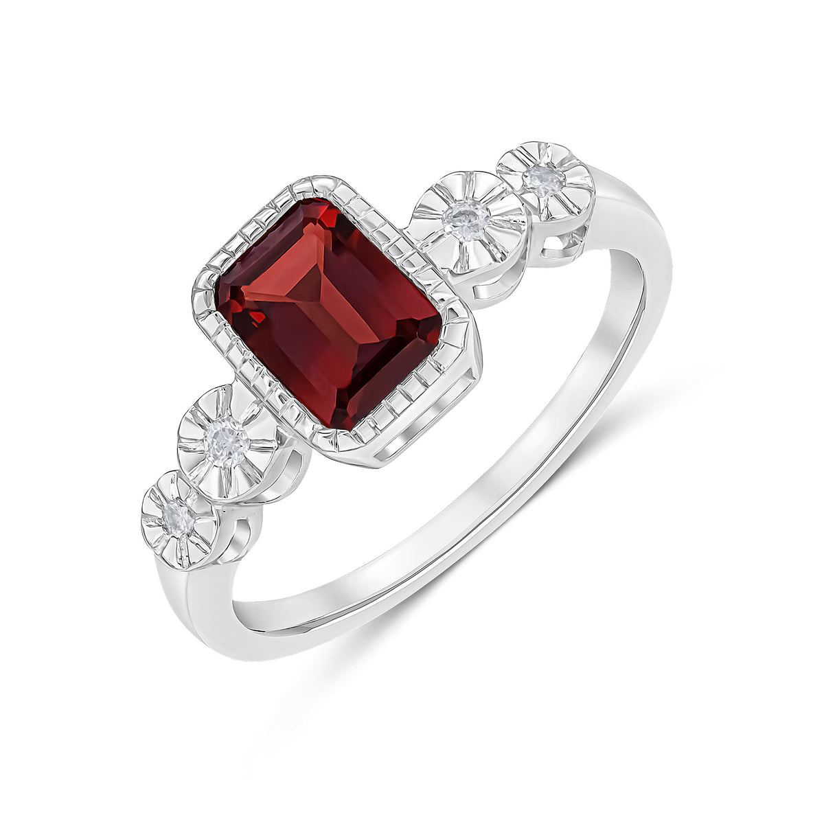 9CT WHITE GOLD MILLEGRAIN OCTAGON GARNET AND ILLUSION DIAMOND 2ST SHOULDERS RING
