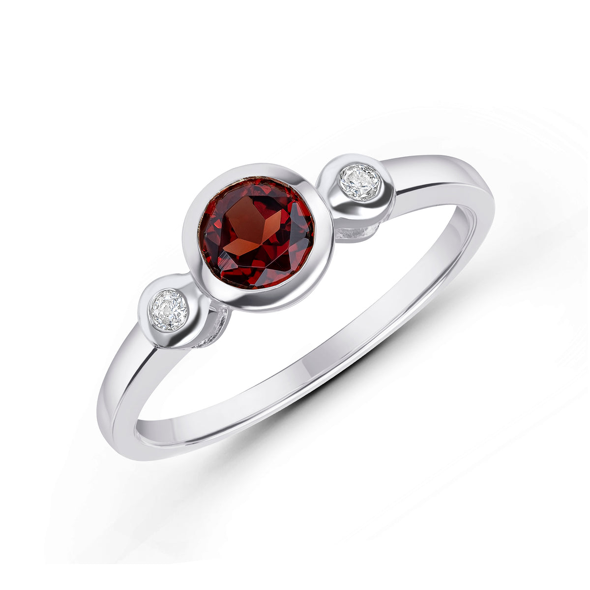 9CT WG 5MM ROUND GARNET AND DIAMOND RUBOVER 3ST RING