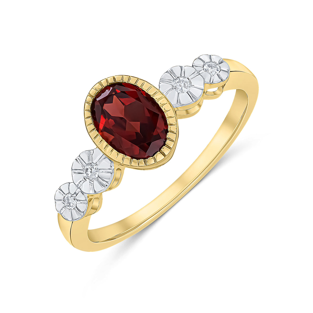 9CT YELLOW GOLD MILLEGRAIN OVAL GARNET AND ILLUSION DIAMOND 4ST SHOULDERS RING