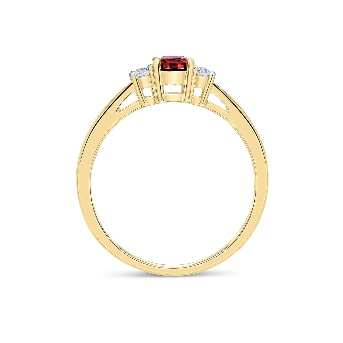 9CT YG 6X4 OVAL GARNET AND ROUND DIAMOND CLAW SET 3ST RING. RHODIUM TO DIAMONDS