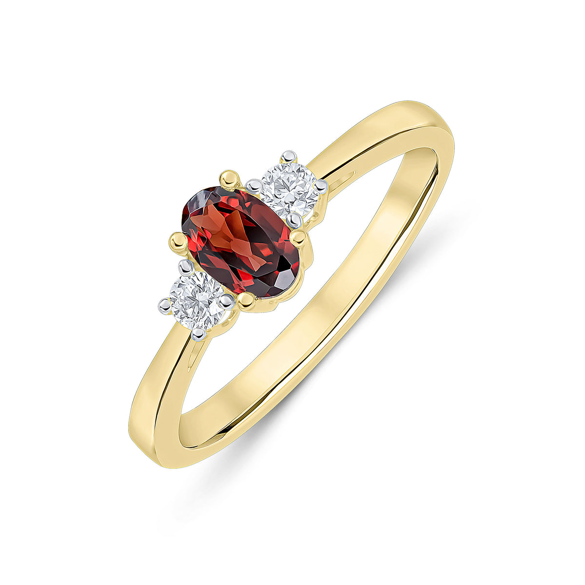 9CT YG 6X4 OVAL GARNET AND ROUND DIAMOND CLAW SET 3ST RING. RHODIUM TO DIAMONDS