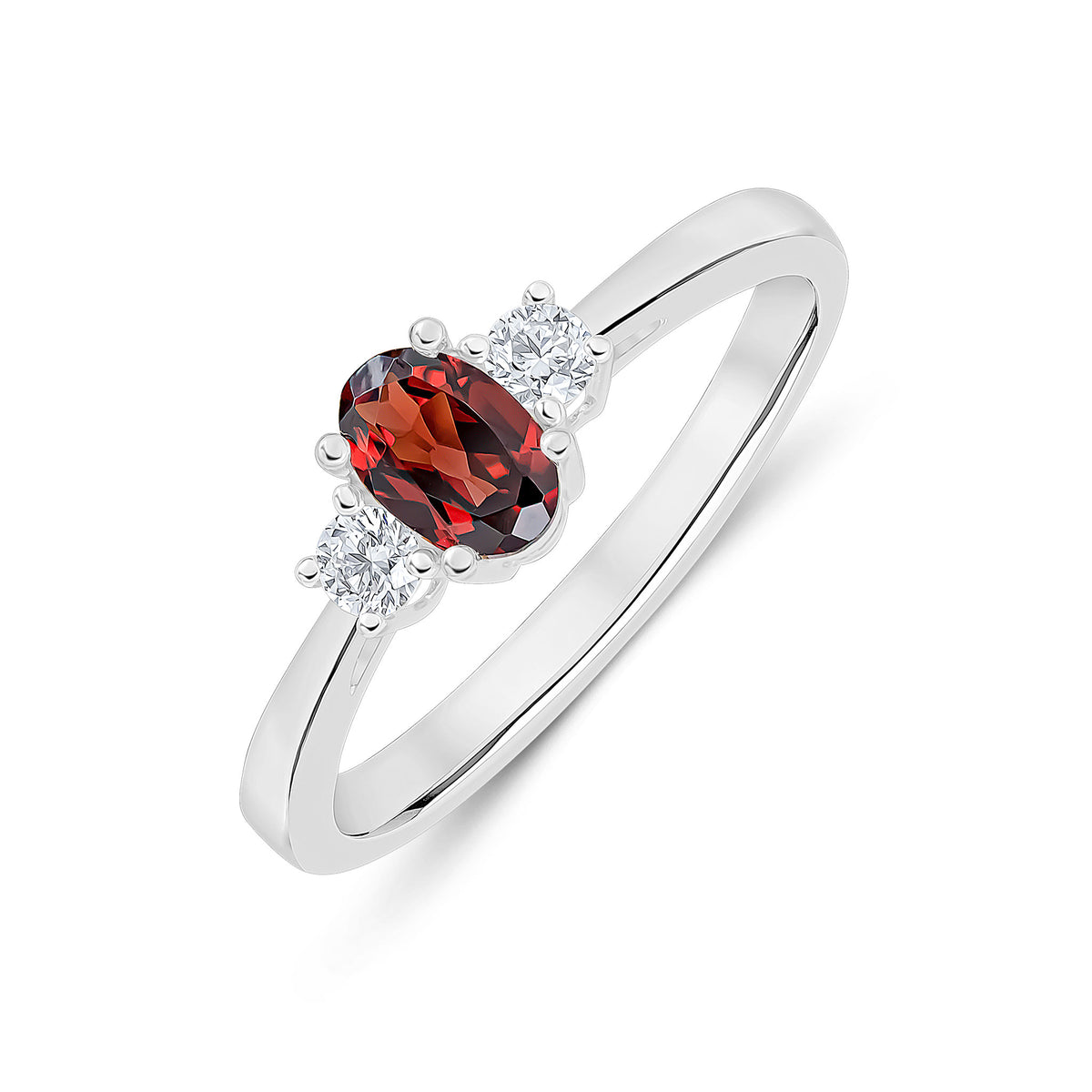9CT WG 6X4 OVAL GARNET AND ROUND DIAMOND CLAW SET 3ST RING