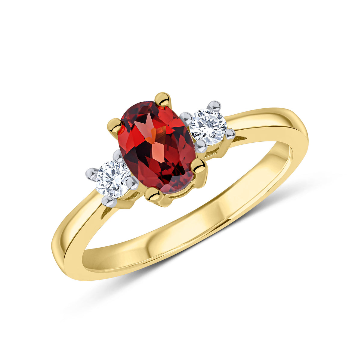9CT YG 7X5 OVAL GARNET AND ROUND DIAMOND CLAW SET 3ST RING. RHODIUM TO DIAMONDS