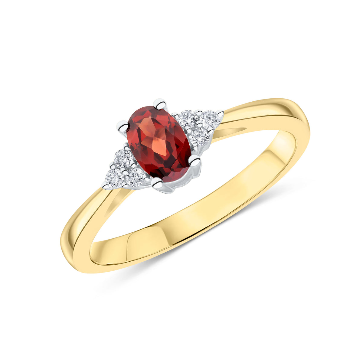 9CT YWG 6X4 OVAL GARNET AND ROUND DIAMOND TREFOIL SHOULDERS RING