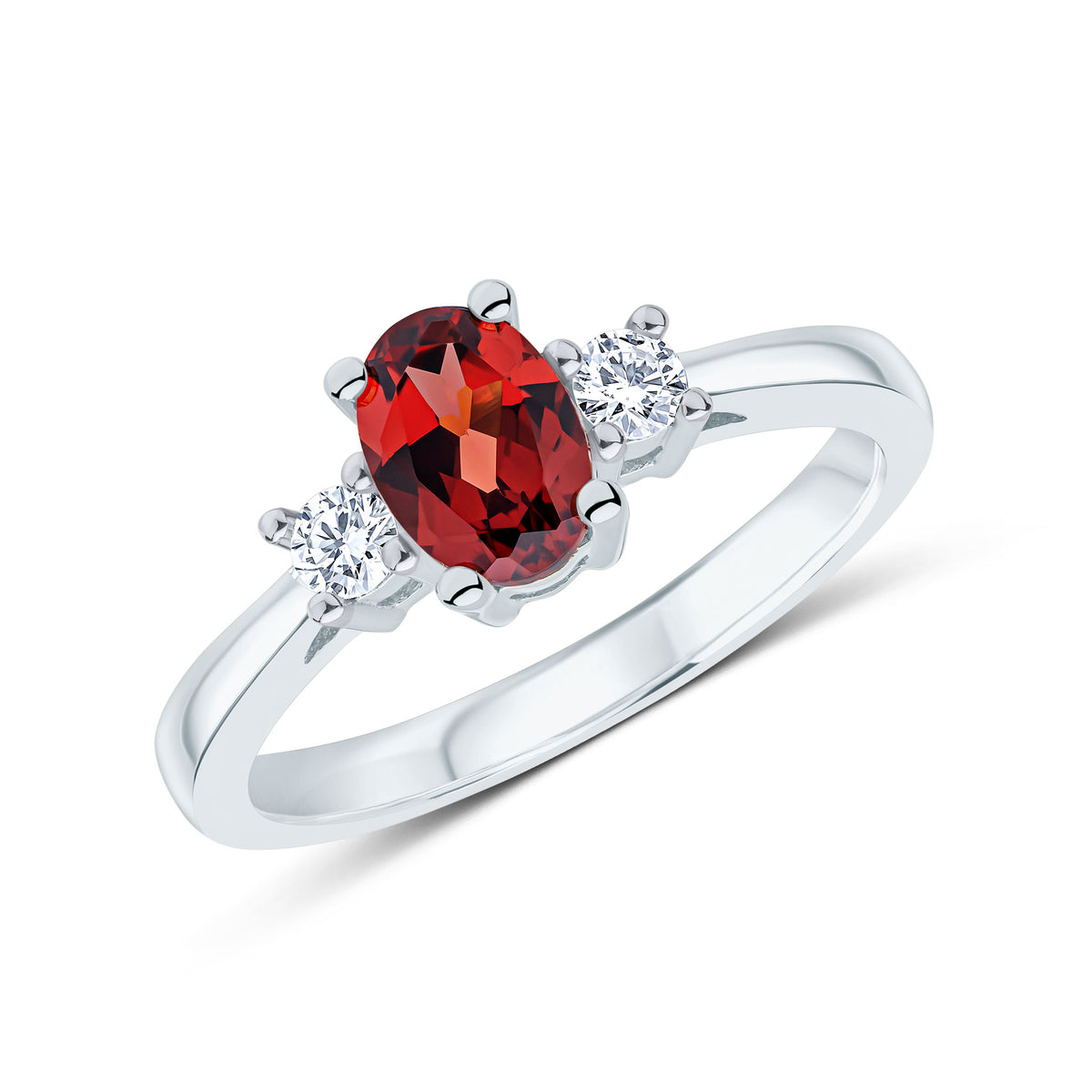9CT WG 7X5 OVAL GARNET AND ROUND DIAMOND CLAW SET 3ST RING