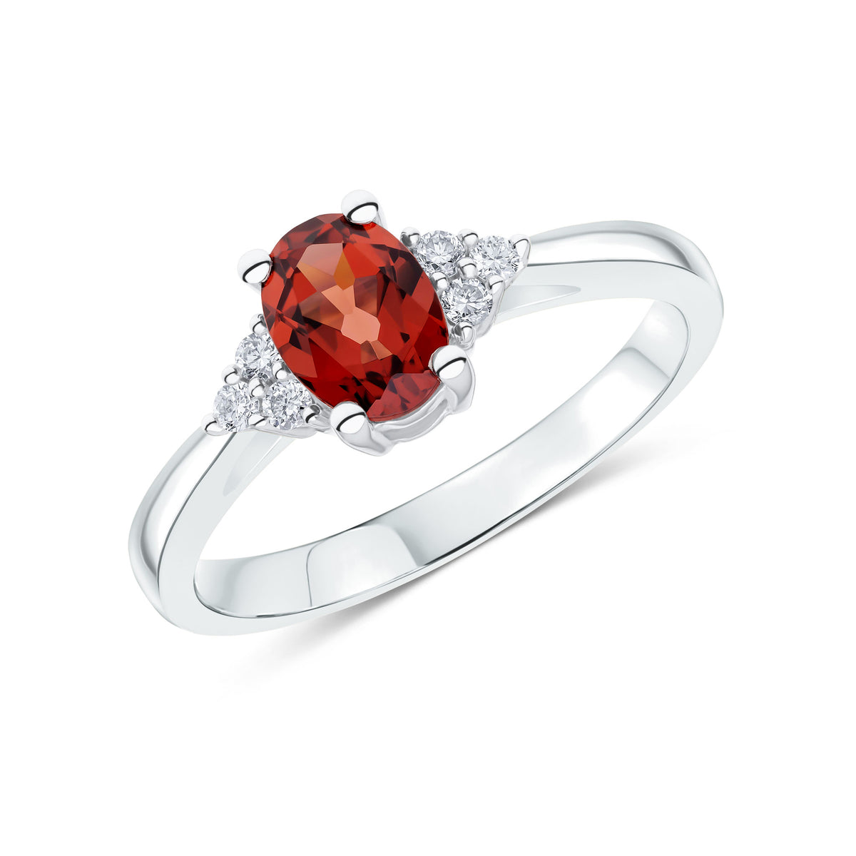 9CT WG 7X5 OVAL GARNET & DIAMOND TREFOIL SHOULDERS RING