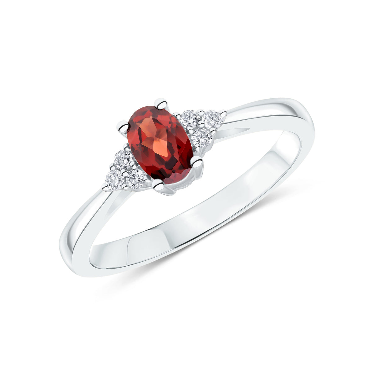 9CT WG 6X4 OVAL GARNET AND ROUND DIAMOND TREFOIL SHOULDERS RING