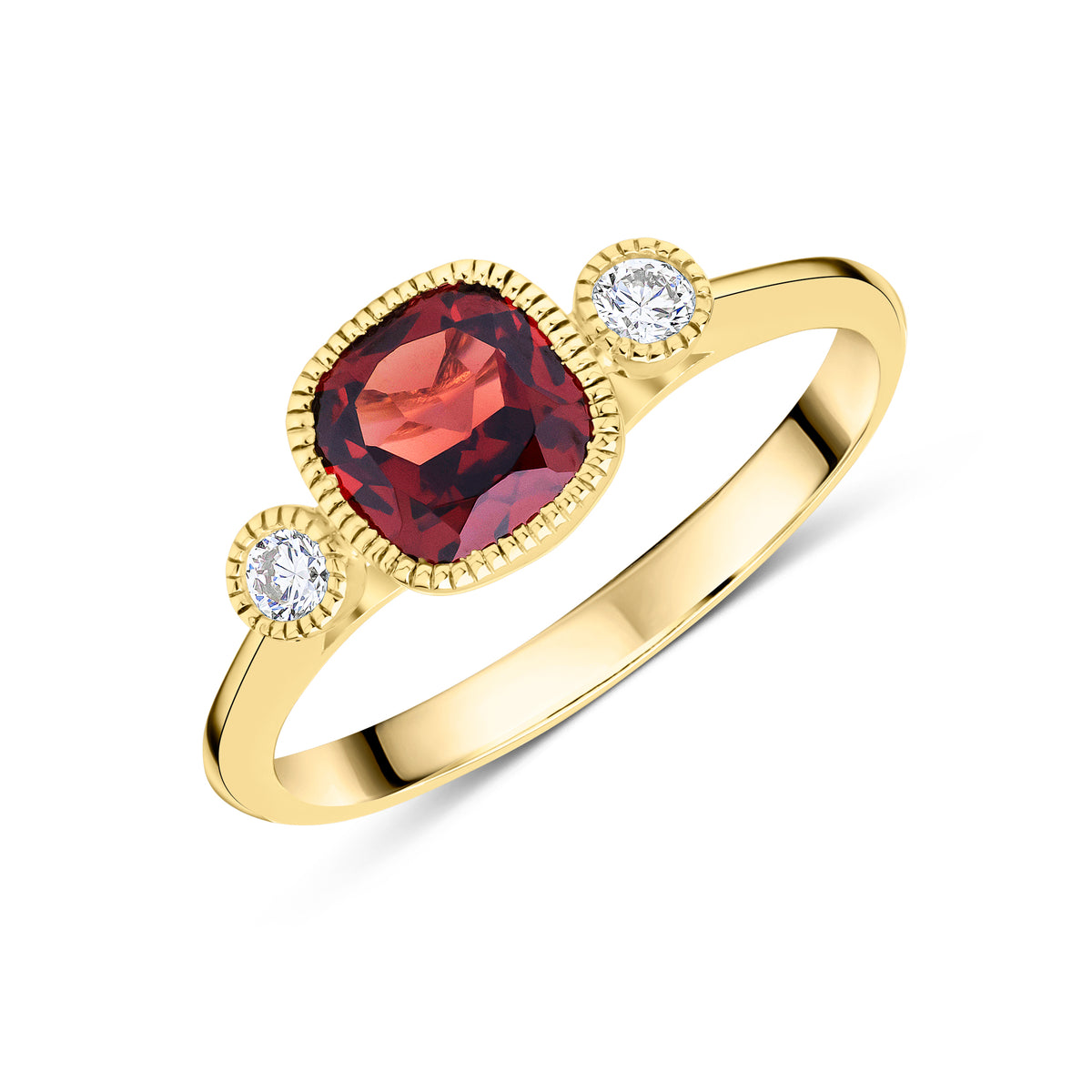 9CT YG 6MM CUSHION GARNET & ROUND DIAMOND MILLEGRAIN SET 3ST RING