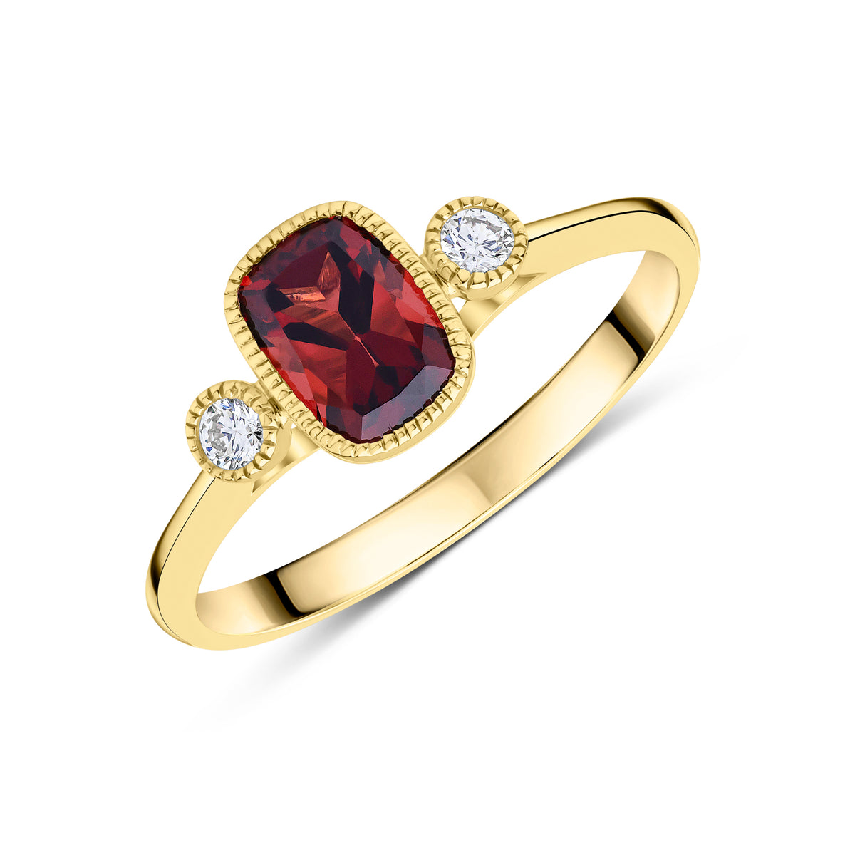 9CT YG 7X5 CUSHION GARNET & ROUND DIAMOND MILLEGRAIN SET 3ST RING