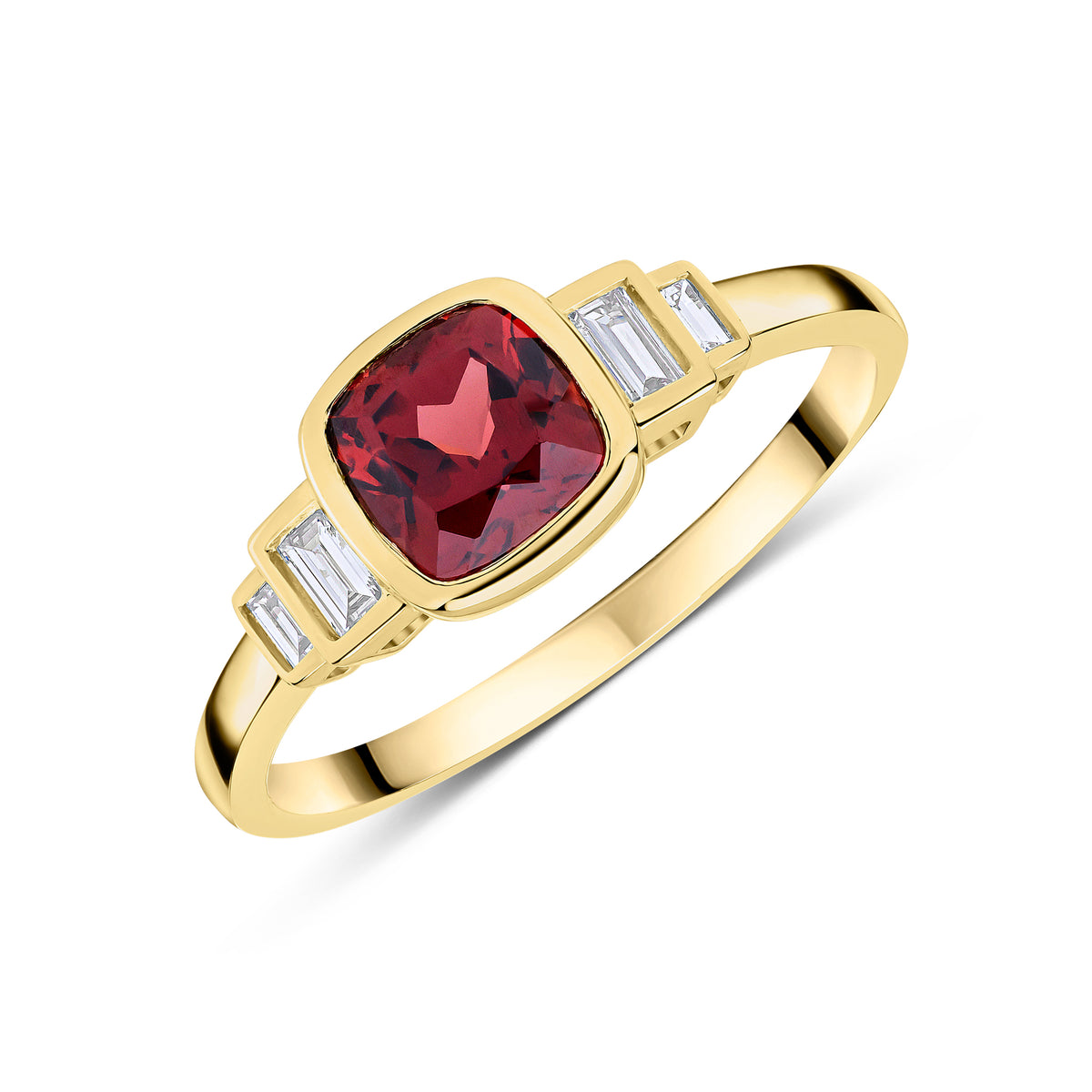 9CT YG 6MM CUSHION GARNET & BAGUETTE DIAMOND 2ST STEPPED SHOULDERS RING