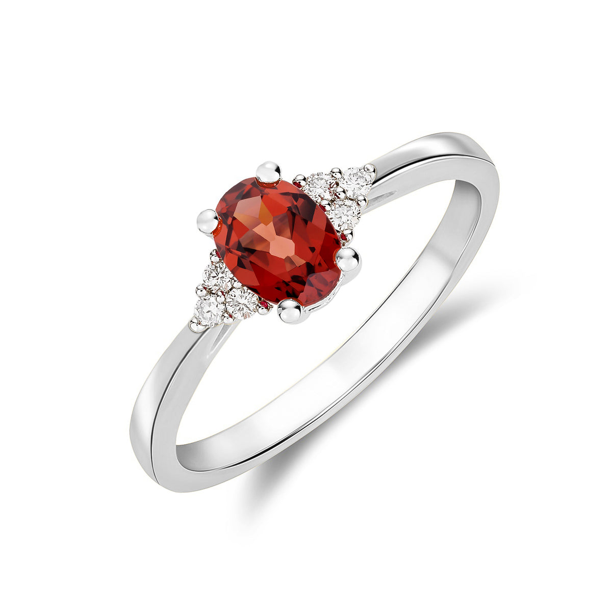 9CT WG 7X5 OVAL GARNET & DIAMOND TREFOIL SHOULDERS RING