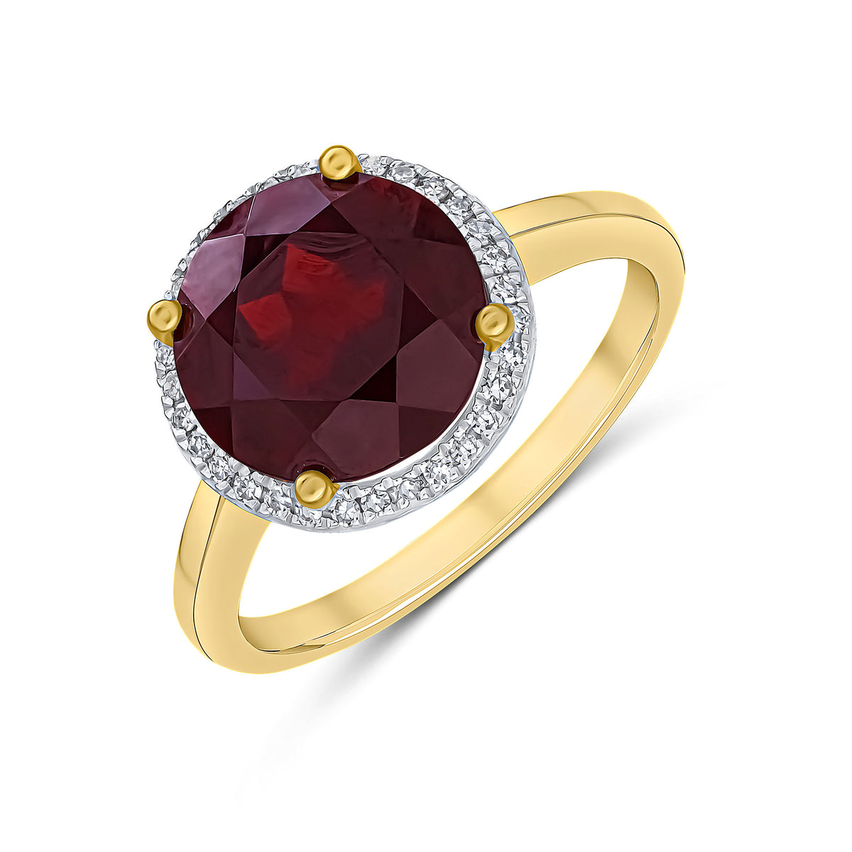 9CT YG 10MM ROUND GARNET AND ROUND DIAMOND CLAW CLUSTER RING