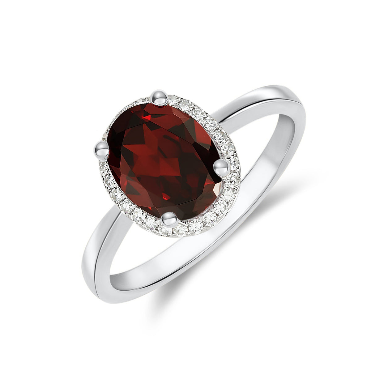 9CT WG 9X7 OVAL GARNET AND ROUND DIAMOND CLAW SET CLUSTER RING