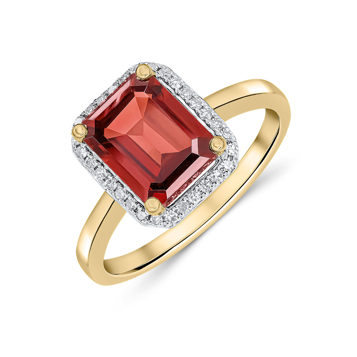 9CT YG 9X7 OCTAGON GARNET & DIAMOND CLAW SET CLUSTER RING RHODIUM TO DIAMONDS