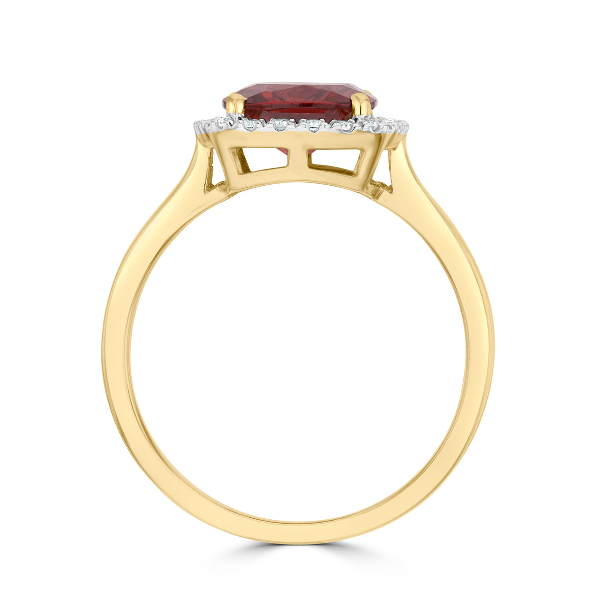 9CT YG 8MM CUSHION GARNET AND ROUND DIAMOND CLAW SET CLUSTER RING. RHODIUM TO DIAMONDS