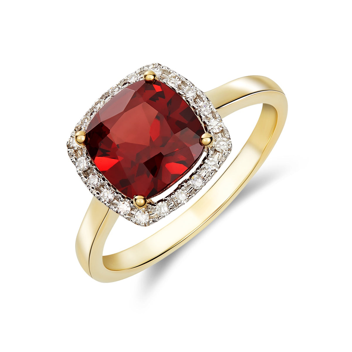 9CT YG 8MM CUSHION GARNET AND ROUND DIAMOND CLAW SET CLUSTER RING. RHODIUM TO DIAMONDS
