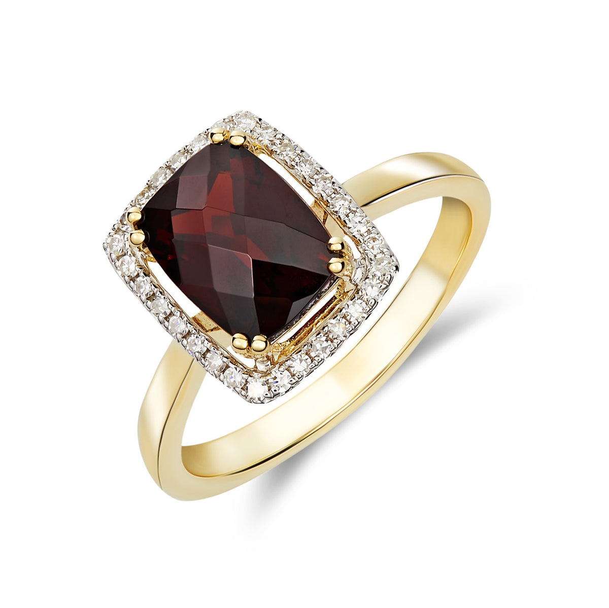 9CT YG 8X6 CUSHION CHECKERBOARD CUT GARNET & DIAMOND HALO CLUSTER RING. RHODIUM TO DIAMONDS