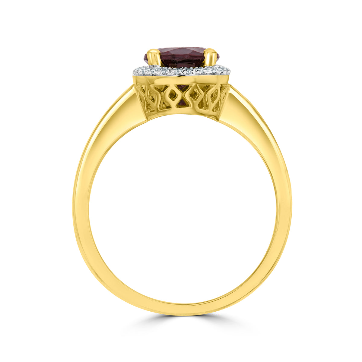 9CT YG 9X7MM OVAL GARNET & DIAMOND CLAW SET CLUSTER RING. RHODIUM TO DIAMONDS