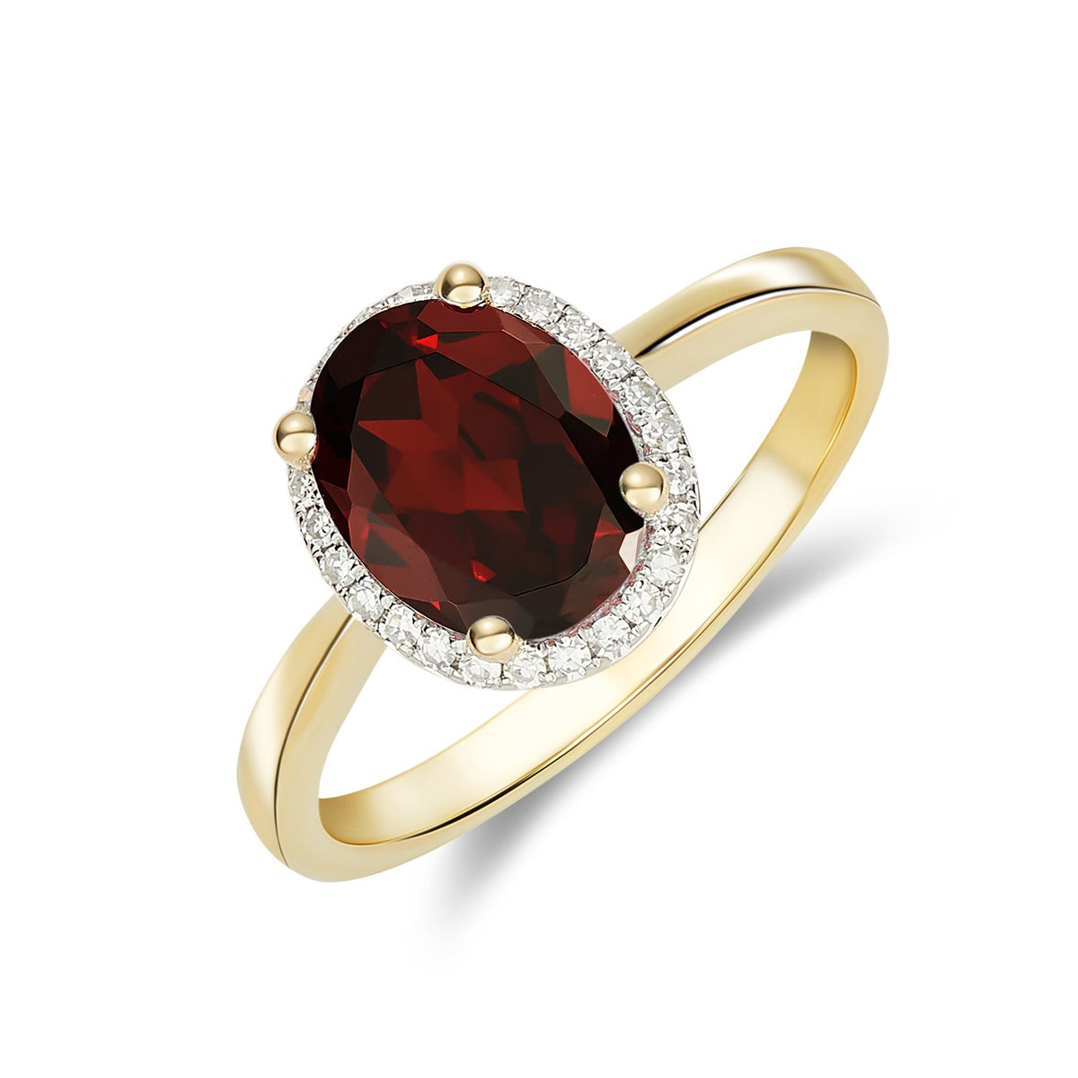 9CT YG 9X7MM OVAL GARNET & DIAMOND CLAW SET CLUSTER RING. RHODIUM TO DIAMONDS
