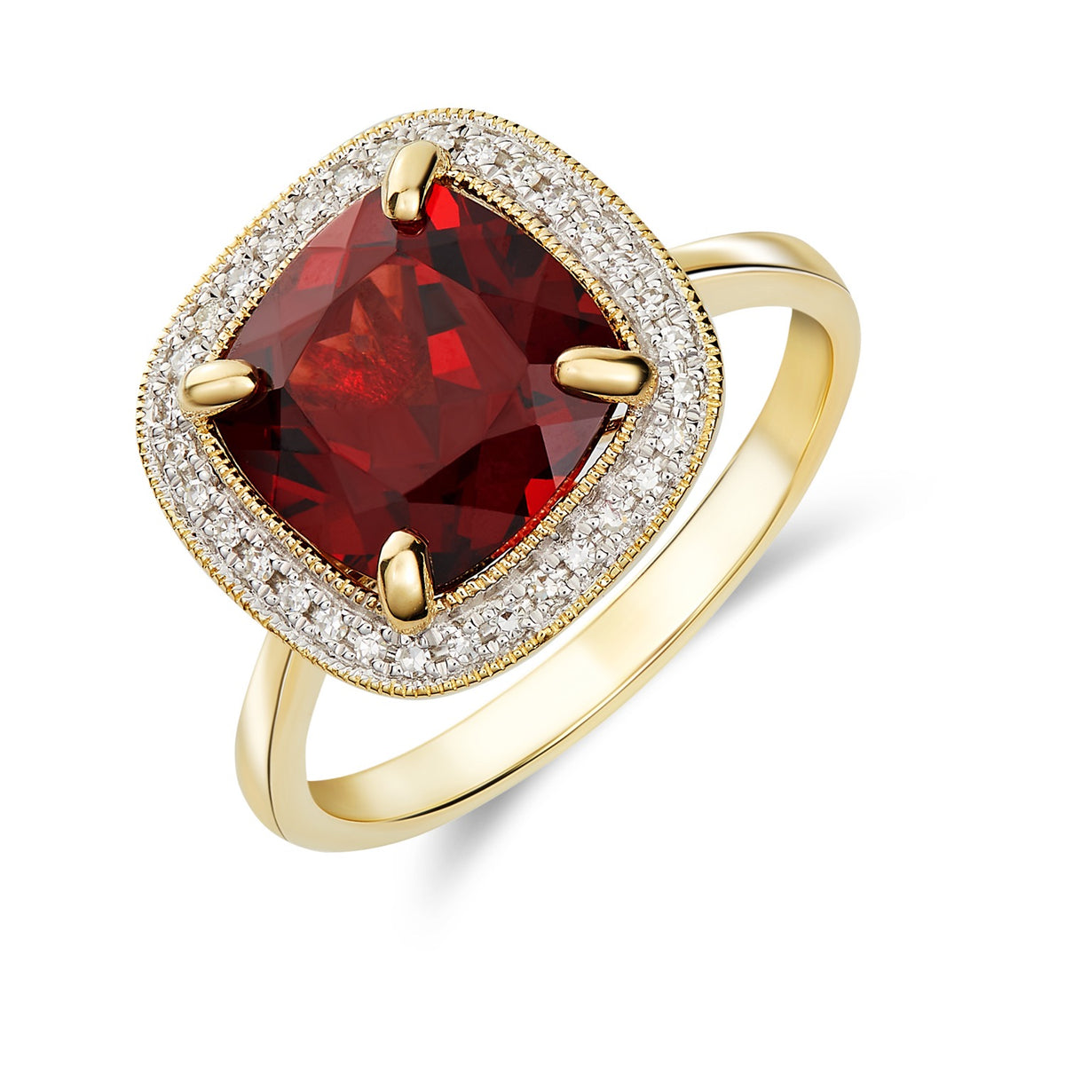 9CT YG 9MM CUSHION GARNET AND DIAMOND CLUSTER RING WITH MILLEGRAIN EDGE. RHODIUM TO DIAMONDS