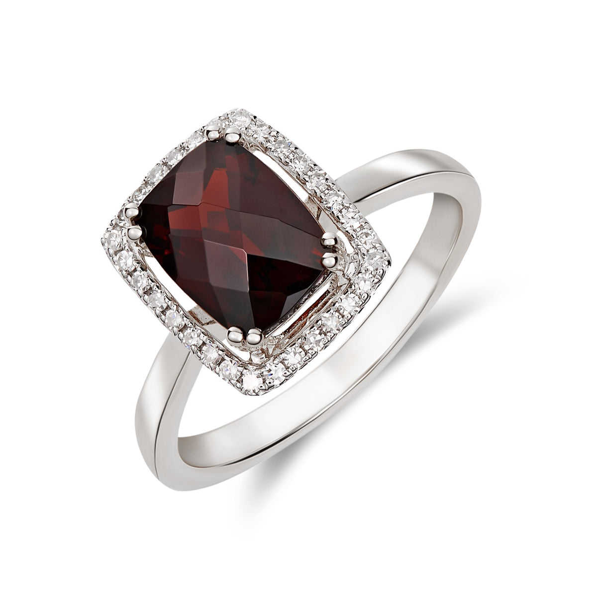 9CT WG 8X6 CUSHION CHECKERBOARD CUT GARNET & DIAMOND HALO CLUSTER RING