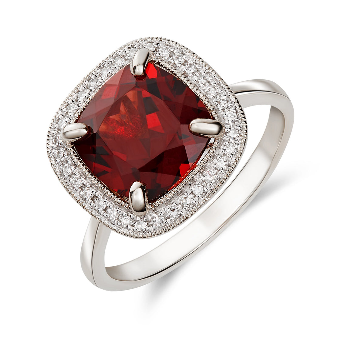 9CT WG 9MM CUSHION GARNET AND DIAMOND CLUSTER RING WITH MILLEGRAIN EDGE.