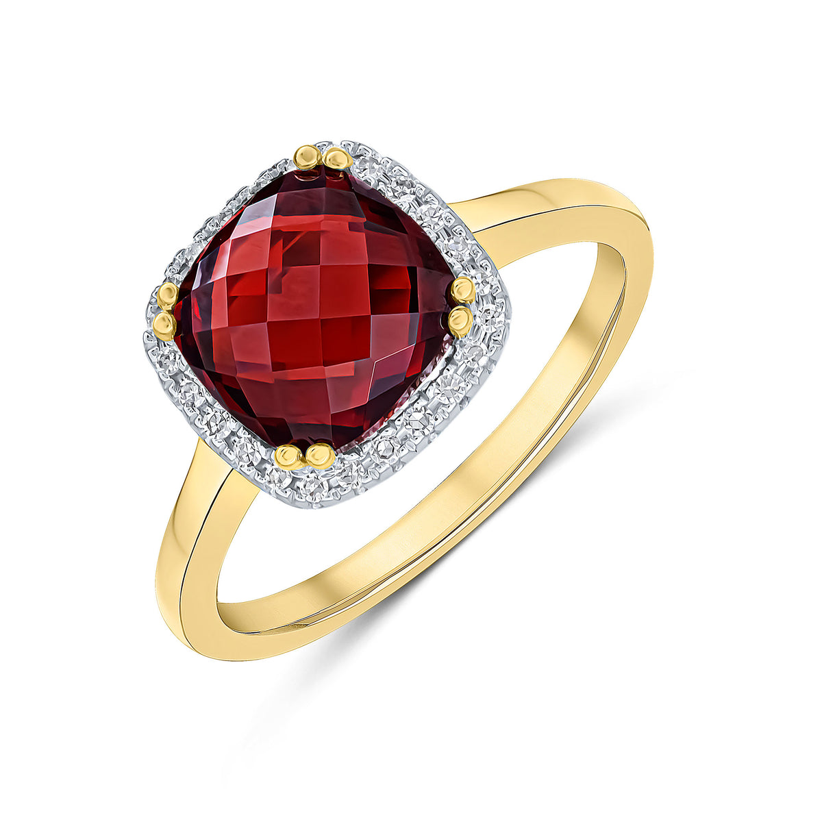 "9CT YG 8MM CHECKERBOARD CUT CUSHION GARNET AND ROUND DIAMOND CLAW SET CLUSTER RING