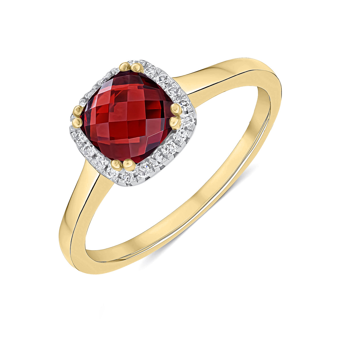 9CT YG 6MM CHECKERBOARD CUT CUSHION GARNET AND ROUND DIAMOND CLAW SET CLUSTER RING