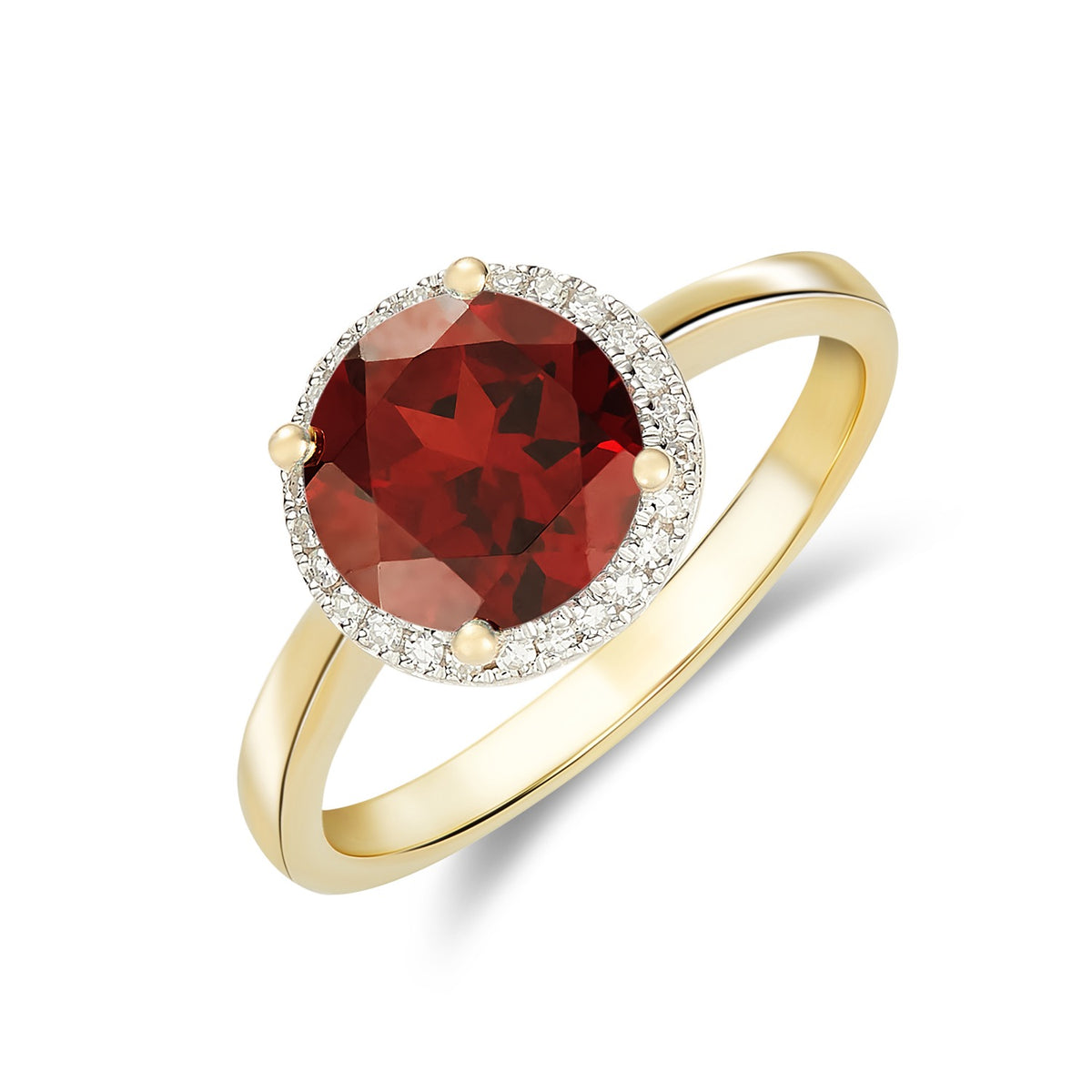 9CT YG 8MM ROUND GARNET AND DIAMOND CLAW CLUSTER RING. RHDOIUM TO DIAMONDS