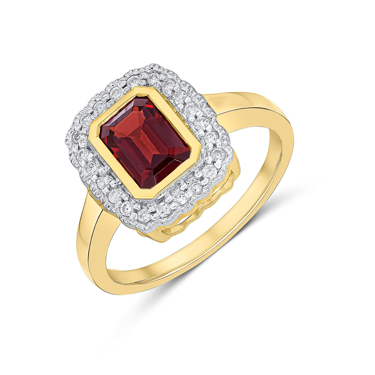 9CT YG RUBOVER 7X5 OCTAGON GARNET AND DIAMOND CLUSTER RING WITH MILLEGRAIN EDGE. RHODIUM TO DIAMONDS