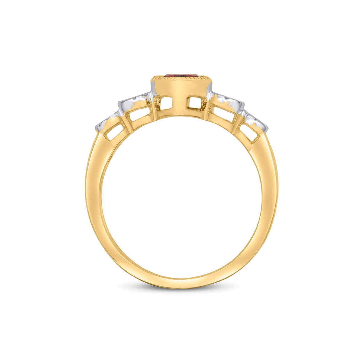 9CT YELLOW GOLD MILLEGRAIN PEARSHAPE GARNET AND ILLUSION DIAMOND 4ST SHOULDERS RING. RHODIUM TO DIAMONDS