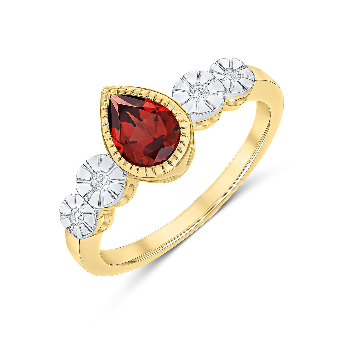 9CT YELLOW GOLD MILLEGRAIN PEARSHAPE GARNET AND ILLUSION DIAMOND 4ST SHOULDERS RING. RHODIUM TO DIAMONDS
