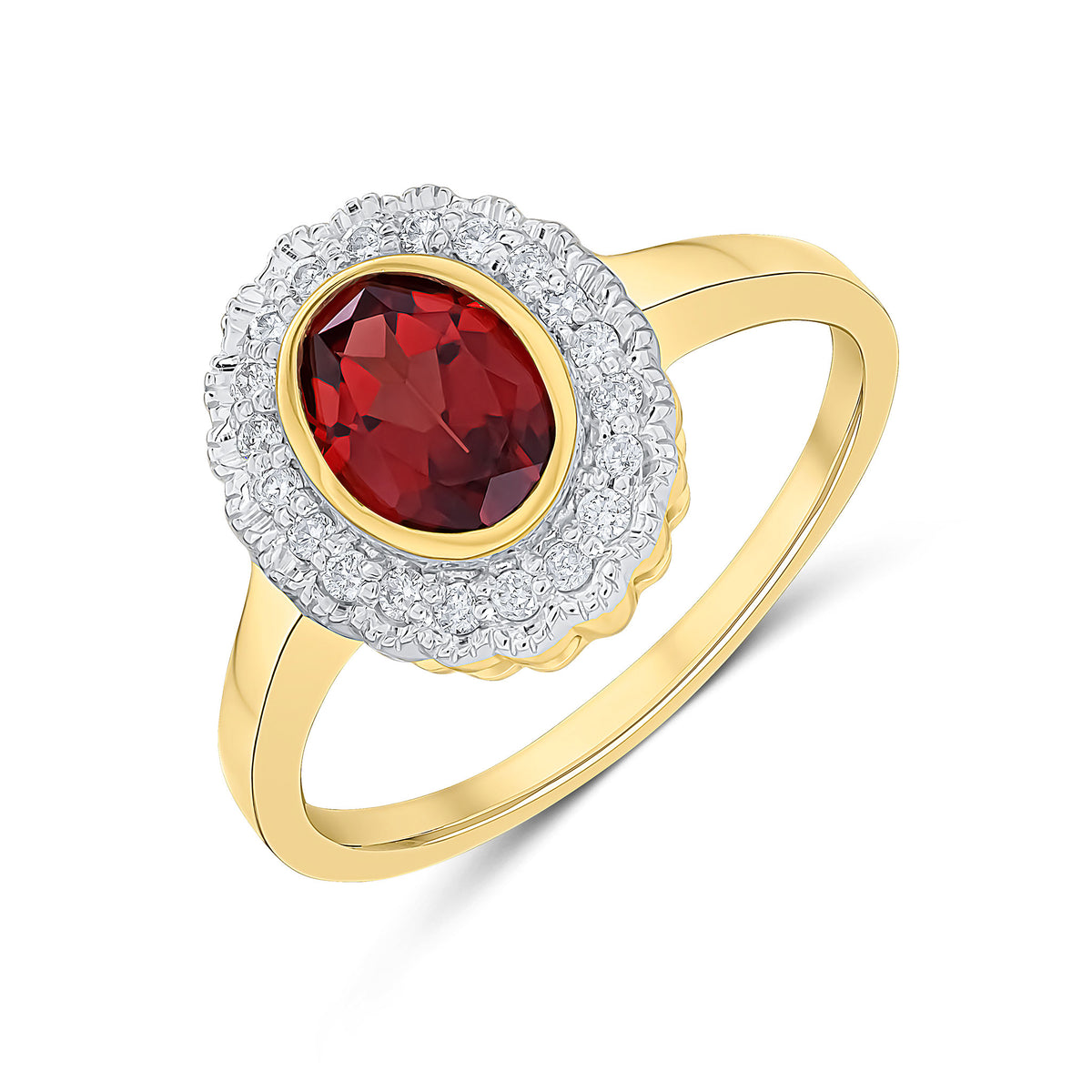 9CT YG RUBOVER OVAL GARNET AND MILLEGRAIN ROUND DIAMOND CLUSTER RING. RHODIUM TO DIAMONDS