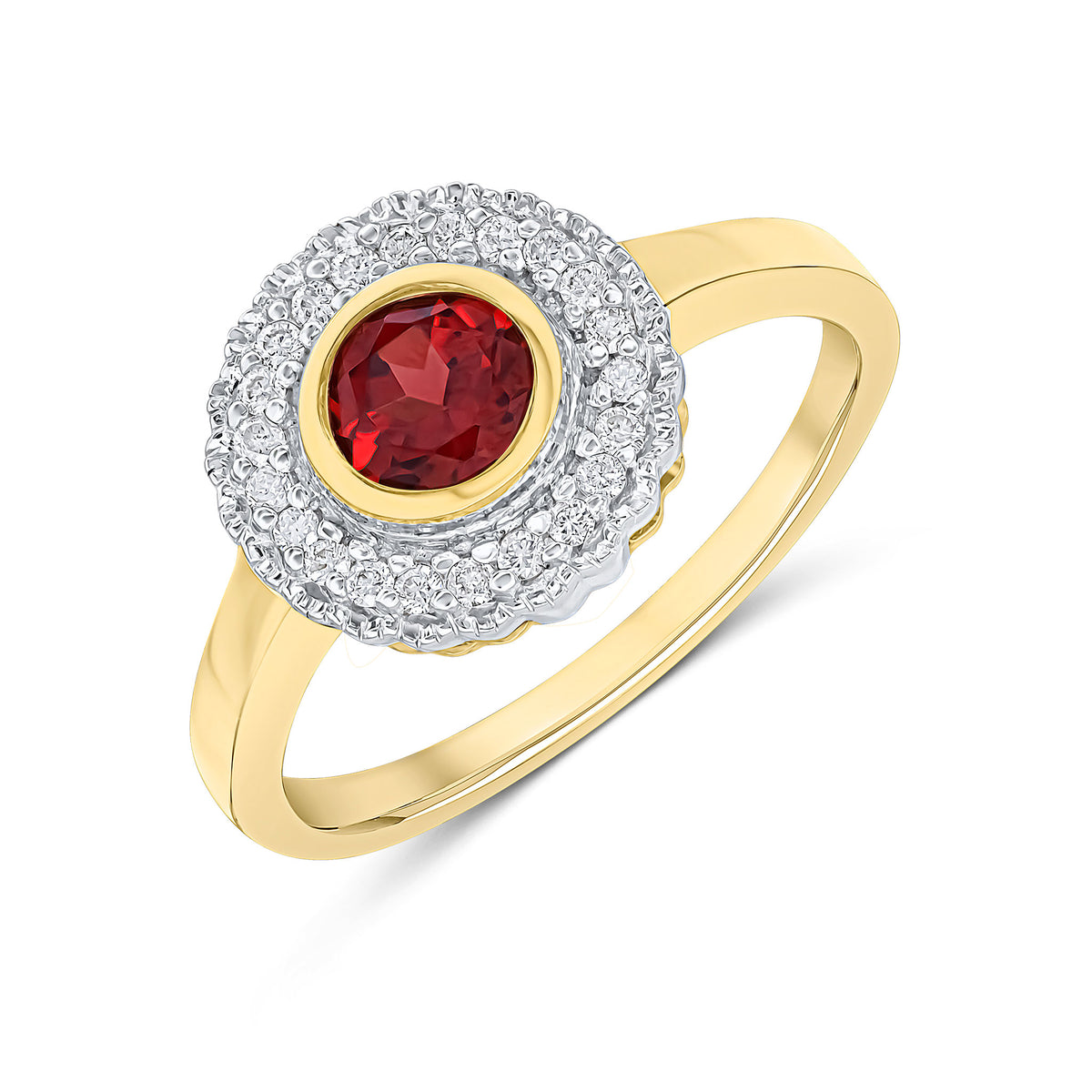 9CT YELLOW GOLD ROUND RUBOVER GARNET AND MILLEGRAIN ROUND DIAMOND CLUSTER RING. RHODIUM TO DIAMONDS