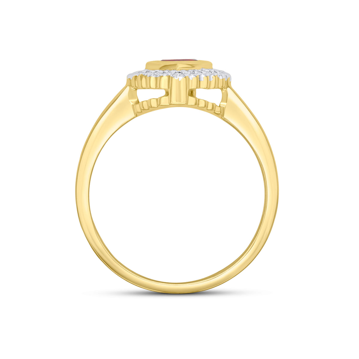 9CT YELLOW GOLD PEARSHAPE RUBOVER GARNET AND MILLEGRAIN ROUND DIAMOND CLUSTER RING. RHODIUM TO DIAMONDS