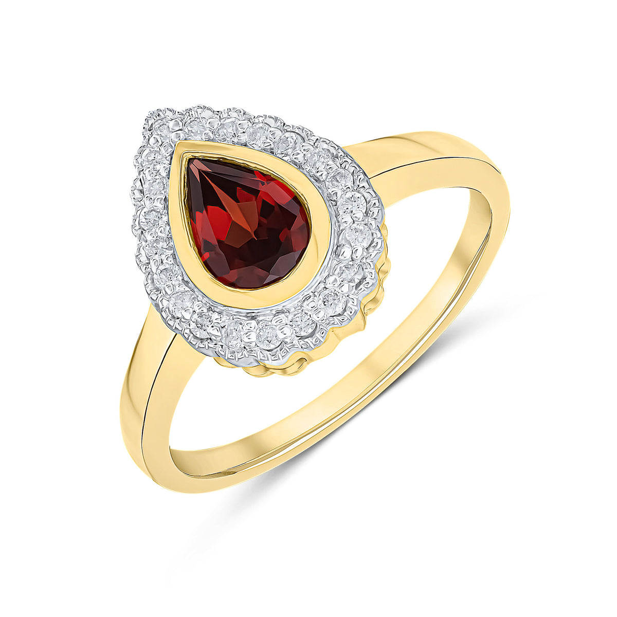 9CT YELLOW GOLD PEARSHAPE RUBOVER GARNET AND MILLEGRAIN ROUND DIAMOND CLUSTER RING. RHODIUM TO DIAMONDS