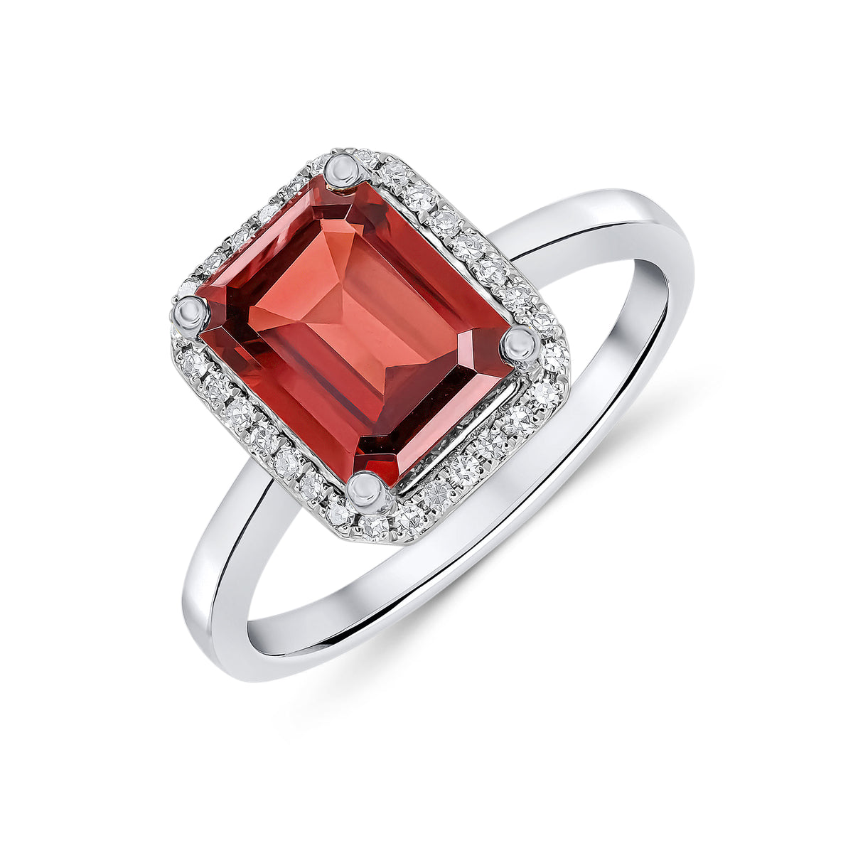 9CT WG 9X7 OCTAGON GARNET & DIAMOND CLAW SET CLUSTER RING