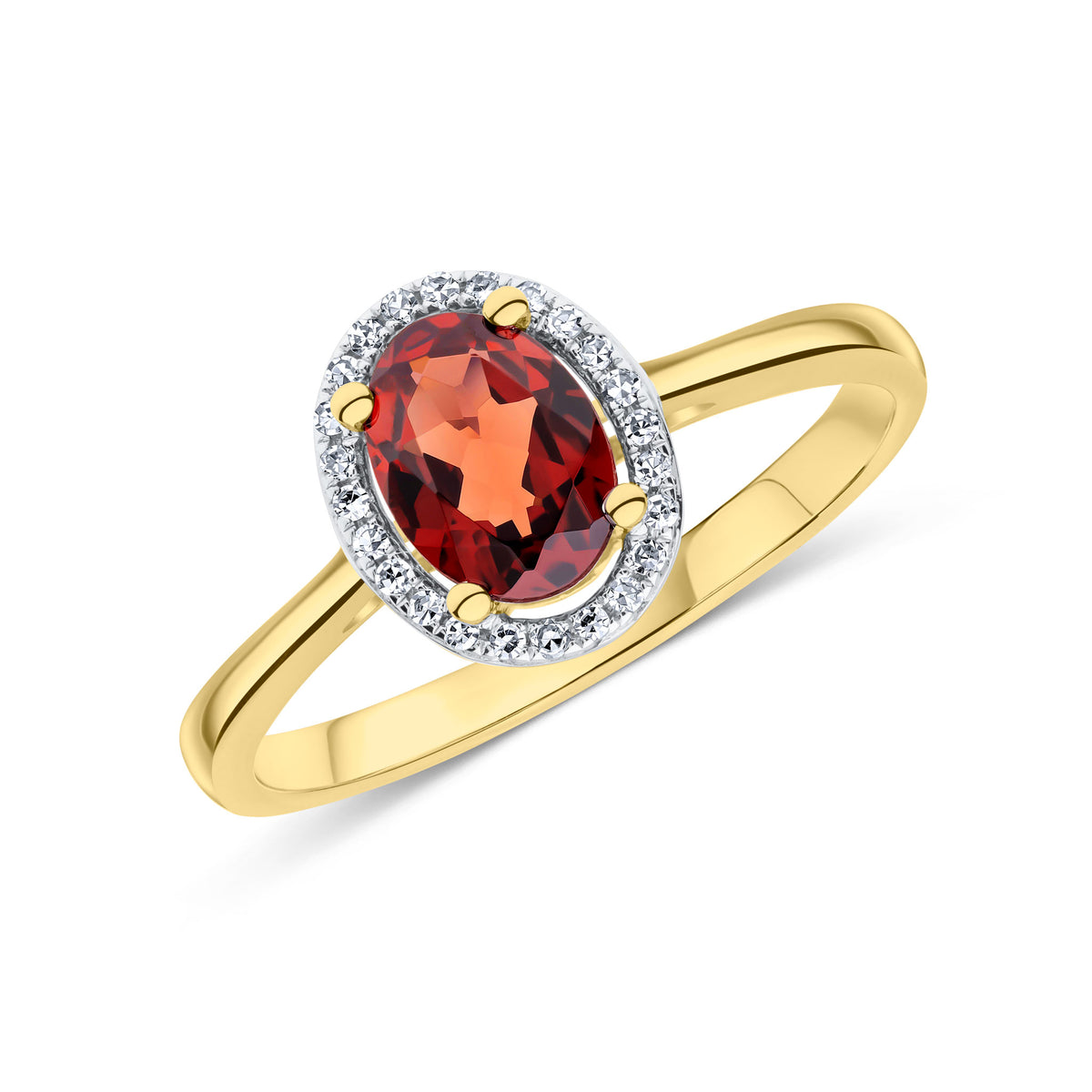 9CT YG 7X5 OVAL GARNET & ROUND DIAMOND HALO CLUSTER RING. RHODIUM TO DIAMONDS