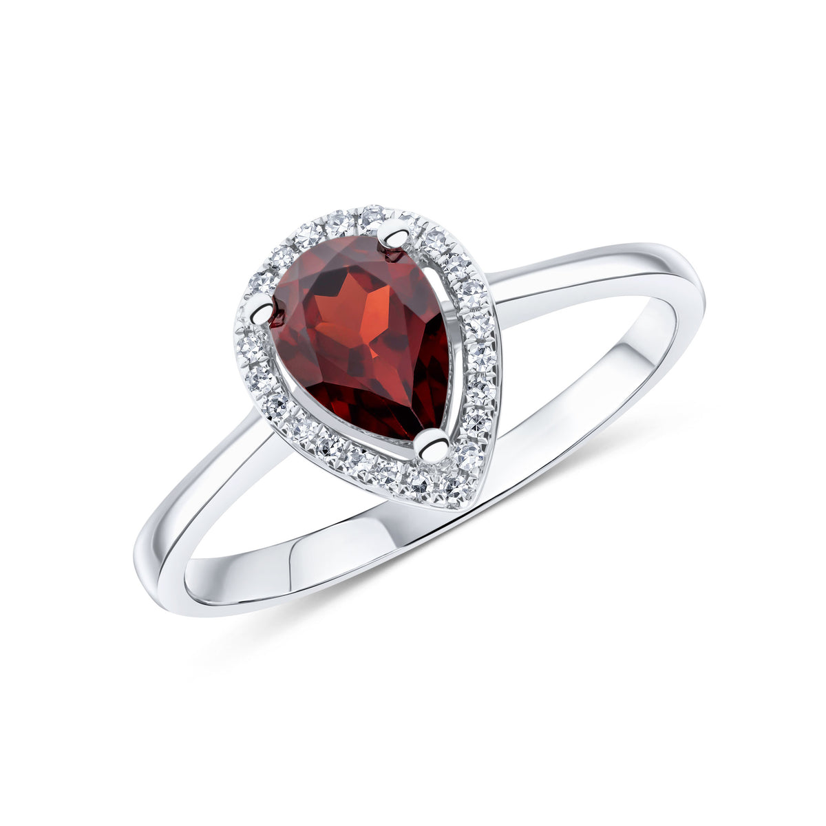 9CT WG 7X5 PEARSHAPE GARNET & ROUND DIAMOND CLAW SET HALO CLUSTER RING