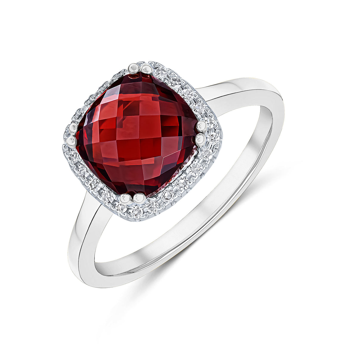 9CT WG 8MM CHECKERBOARD CUT CUSHION GARNET AND ROUND DIAMOND CLAW SET CLUSTER RING