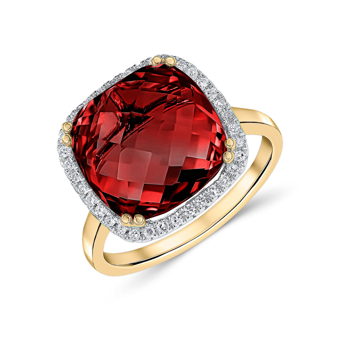 9CT YG 12MM CHECKERBOARD CUT CUSHION GARNET & ROUND DIAMOND CLAW SET CLUSTER RING. RHDOIUM TO DIAMONDS